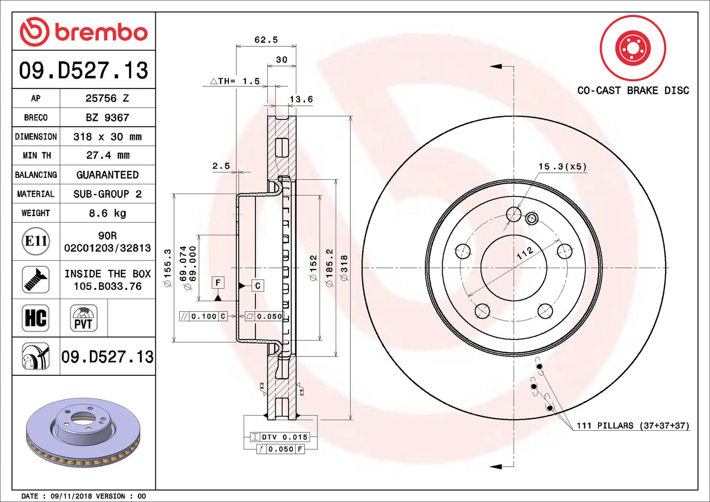 จานเบรกคู่หน้า Brembo High Carbon (HC) – Mercedes-Benz C-Class W205 / C205 (C200, C220, C250, C300)