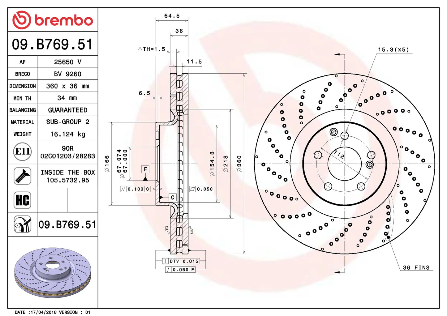 จานเบรกคู่หน้า Brembo High Carbon (HC) เจาะรู – Mercedes-AMG 63 W204 / W205 / W212 / W221