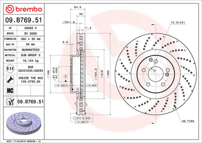 จานเบรกคู่หน้า Brembo High Carbon (HC) เจาะรู – Mercedes-AMG 63 W204 / W205 / W212 / W221