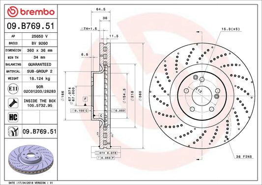 จานเบรกคู่หน้า Brembo High Carbon (HC) เจาะรู – Mercedes-AMG 63 W204 / W205 / W212 / W221