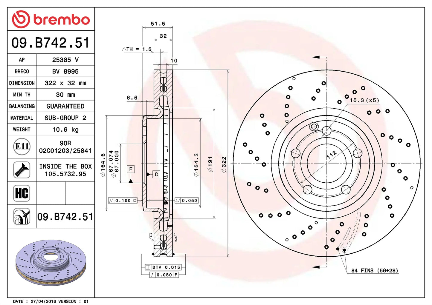 จานเบรกคู่หน้า Brembo High Carbon (เจาะรู) – Mercedes-Benz CLS-Class C218, X218