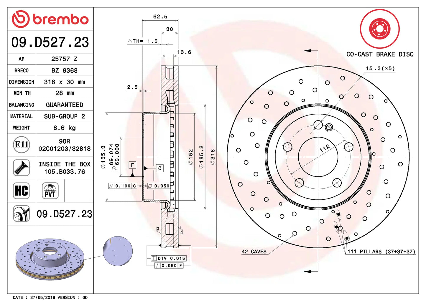 จานเบรกหน้า Brembo High Carbon (HC) – Mercedes-Benz C-Class W205 / C205 (C200, C220, C250, C300) – แบบเจาะรู