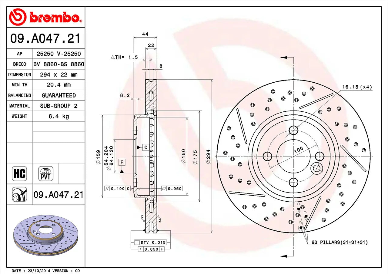 จานเบรกคู่หน้า Brembo High Carbon (HC) แบบเจาะรู เซาะร่อง – MINI R50 / R53 JCW, R56 Cooper S / D / JCW (รูน็อตใหญ่ 16.15)