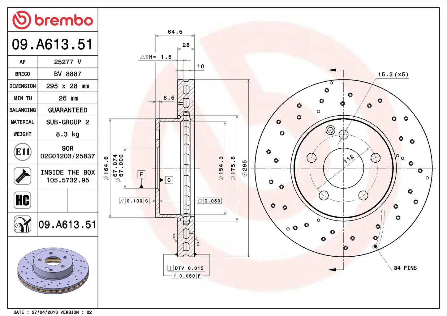 จานเบรกคู่หน้า Brembo High Carbon (HC) – แบบเจาะรู Mercedes-Benz C-Class W204, C204