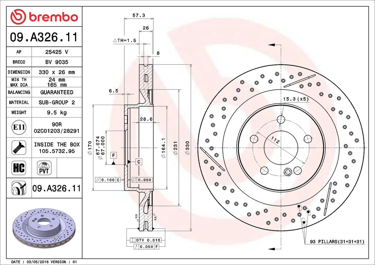 จานเบรกคู่หลัง Brembo High Carbon (HC) เจาะรู – Mercedes-AMG C63 W204