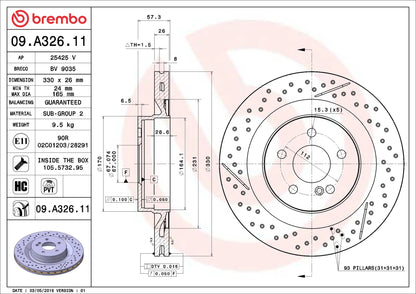 จานเบรกคู่หลัง Brembo High Carbon (HC) เจาะรู – Mercedes-AMG C63 W204