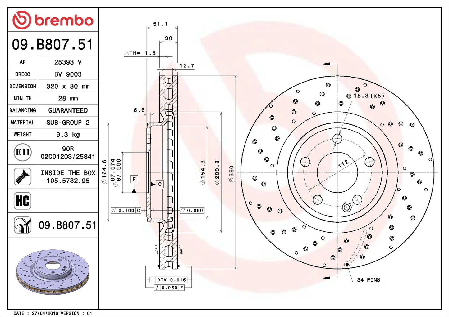 จานเบรกคู่หน้า Brembo High Carbon (HC) เจาะรู – Mercedes-Benz A-Class, CLA, GLA, B-Class