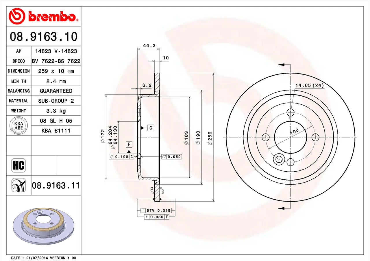 จานเบรกคู่หลัง Brembo High Carbon (HC) – MINI R50 / R52 / R53 / R56 (One, Cooper, Cooper S)