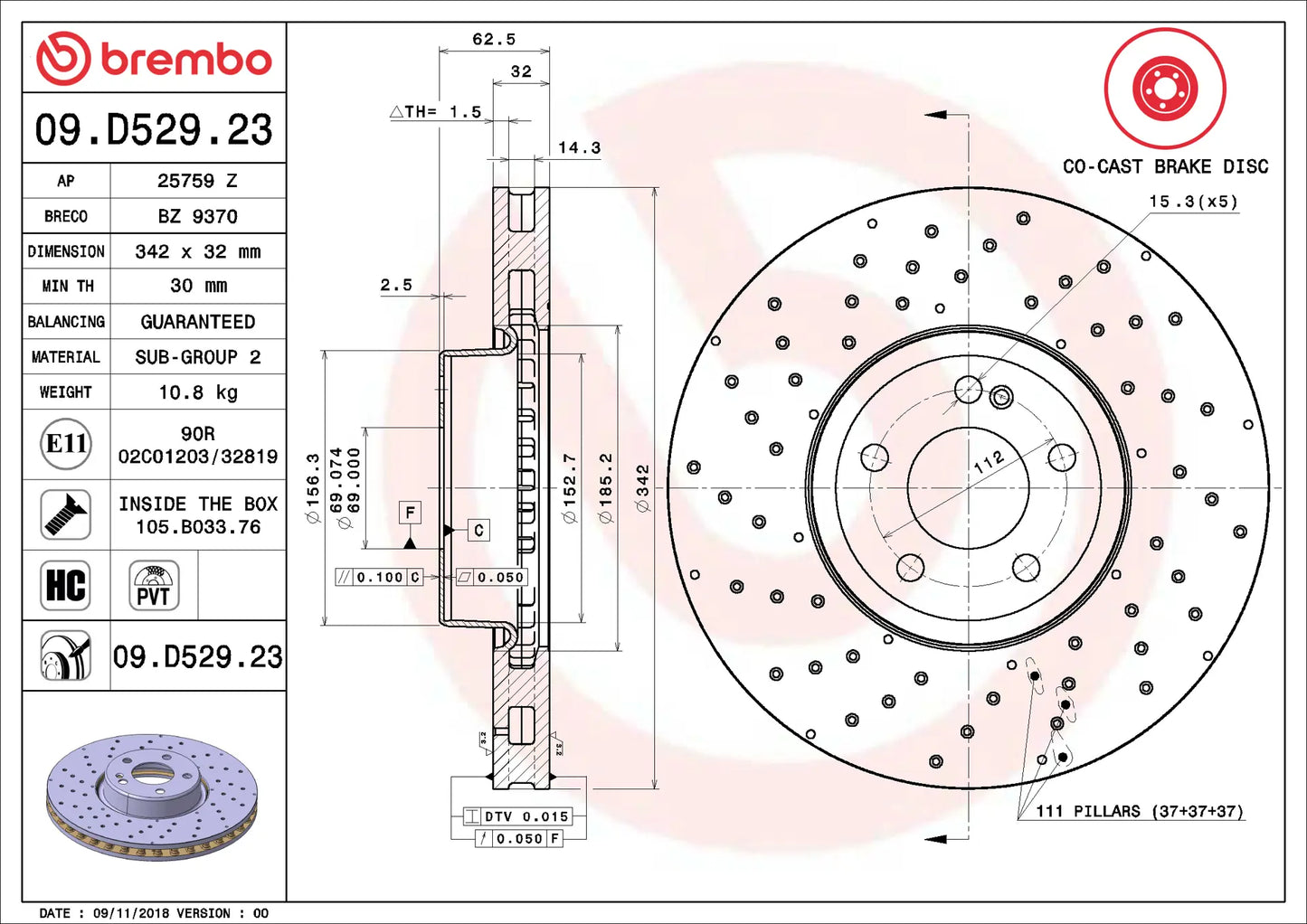 จานเบรกคู่หน้า Brembo High Carbon (เจาะรู) – Mercedes-Benz E-Class W213, E-Coupé C238