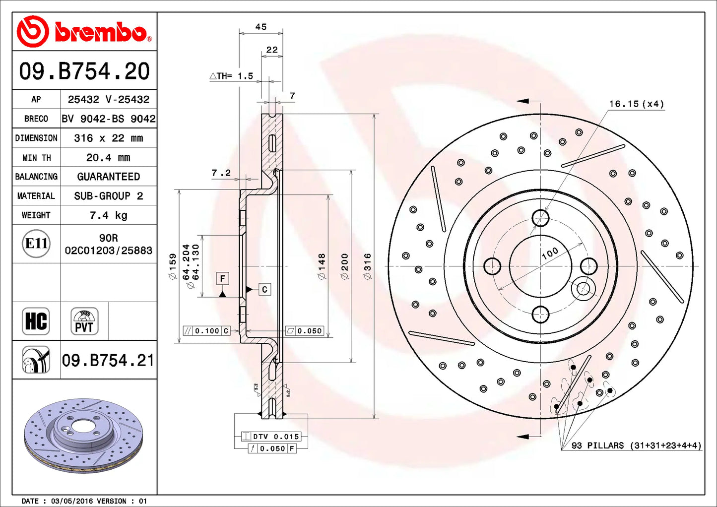 จานเบรกคู่หน้า Brembo High Carbon (HC) แบบเจาะรู เซาะร่อง – MINI R56 Cooper S / D / JCW (รูน็อตใหญ่)