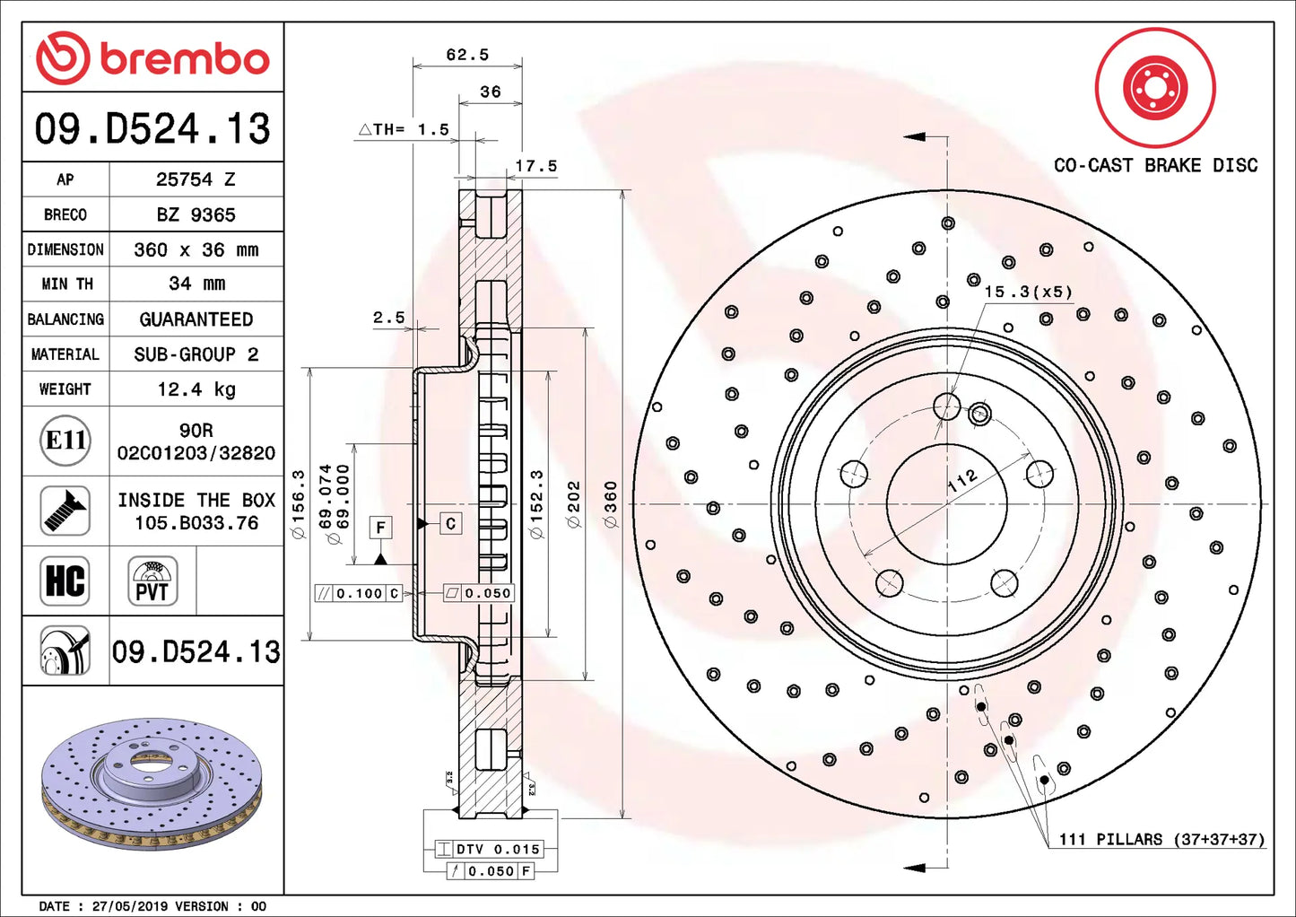จานเบรกคู่หน้า Brembo High Carbon (เจาะรู) – Mercedes-Benz GLC-Class X253, C253 (43 AMG / 220 / 250 / 300)