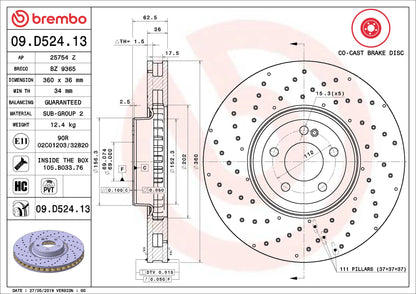 จานเบรกคู่หน้า Brembo High Carbon (เจาะรู) – Mercedes-Benz GLC-Class X253, C253 (43 AMG / 220 / 250 / 300)