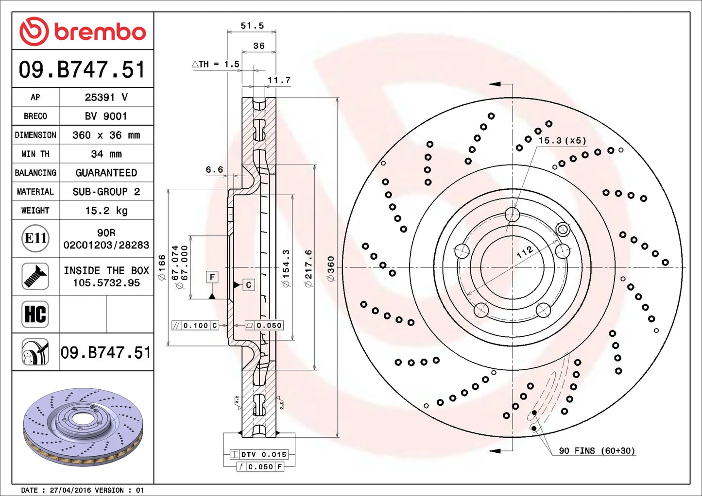 จานเบรกคู่หน้า Brembo High Carbon (เจาะรู) – Mercedes-Benz CLS-Class C218, X218 (CLS500)